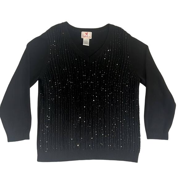 Quacker Factory Sweater Black Sequins Cable Knit V-Neck Festive Fall Winter L - Picture 1 of 8